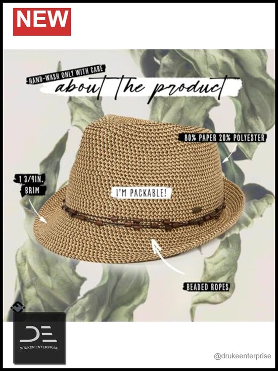 UPF 50+ Straw Fedora Sun Hat, Packable Beach Hat with Woven Pattern main image 3